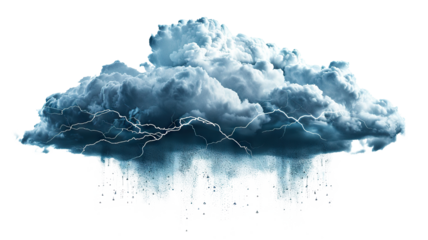 Dark rainy stormy cloud with lightning and rain, cut out