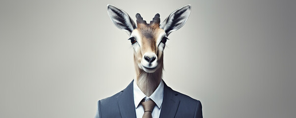 A Gazelle Wearing A Blue Suit And Tie In Front Of A Gray Background