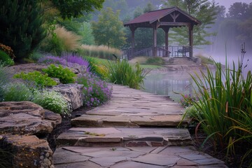 Chemin pavé vers un pavillon dans un jardin de spa au crépuscule