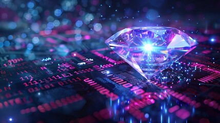 A glowing violet and blue diamond symbolizes digital wealth, crypto, and NFT ownership. Subtle binary code overlays enhance the futuristic theme, representing blockchain technology.