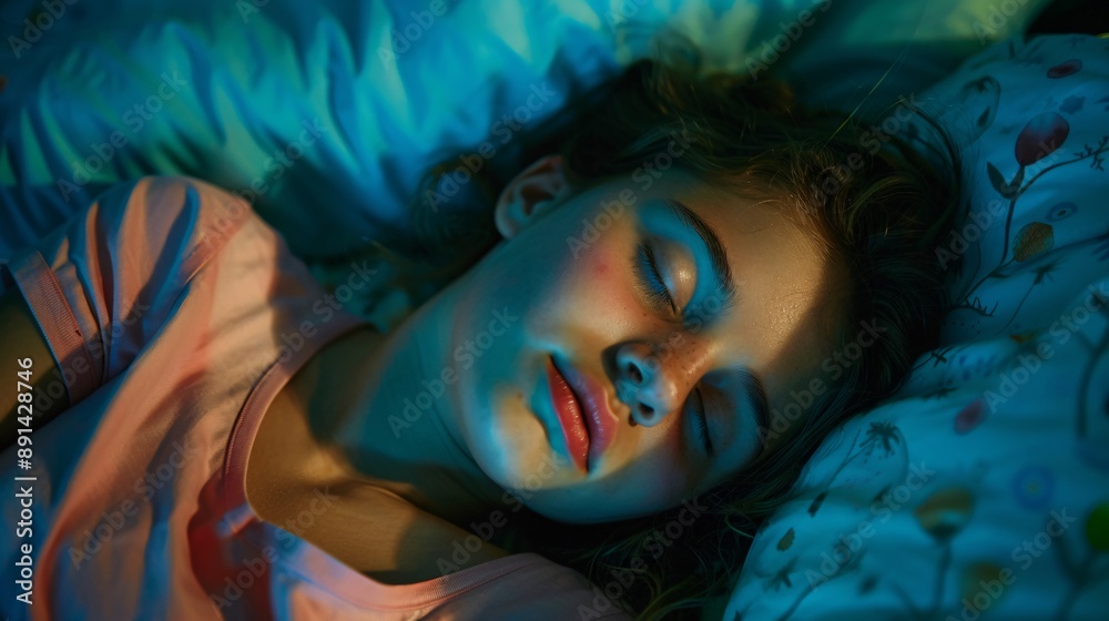 Poster A person practicing a nighttime routine for better sleep hygiene Stock Photo with copy space