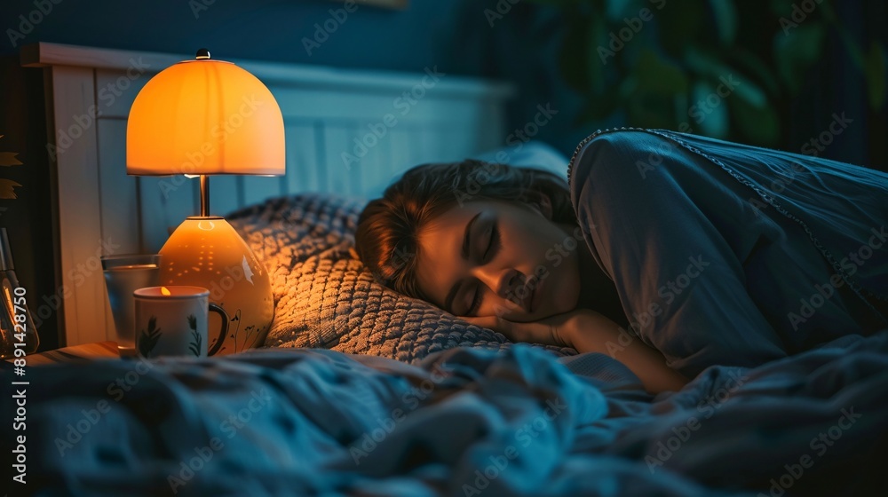Poster A person practicing a nighttime routine for better sleep hygiene Stock Photo with copy space