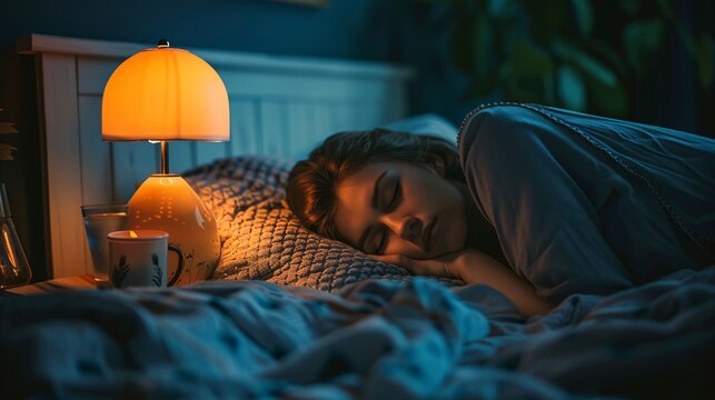 A person practicing a nighttime routine for better sleep hygiene Stock Photo with copy space