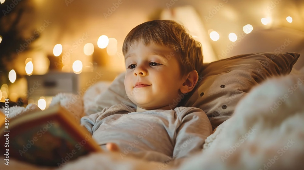 Poster a child being read a bedtime story to help them fall asleep peacefully stock photo with copy space