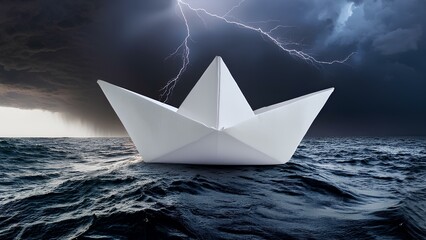 A paper boat at sea during a storm. White paper boat on a sea background. Concept: facing the challenges of life