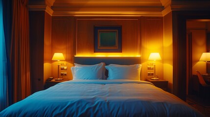 A bedroom with a comfortable bed, soft lighting, and a quiet atmosphere Stock Photo with copy space