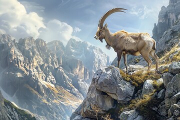 A beautiful alpine ibex standing on a rocky cliffside, overlooking a stunning mountain landscape