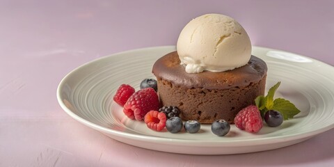 Rich chocolate fondant dessert with a scoop of ice cream and fresh berries on top, with copy space, with empty space