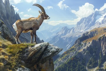 A beautiful alpine ibex standing on a rocky cliffside, overlooking a stunning mountain landscape
