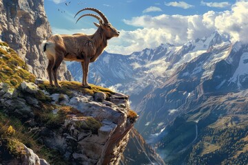 A beautiful alpine ibex standing on a rocky cliffside, overlooking a stunning mountain landscape