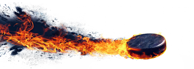 Burning hockey puck flying with flames, cut out