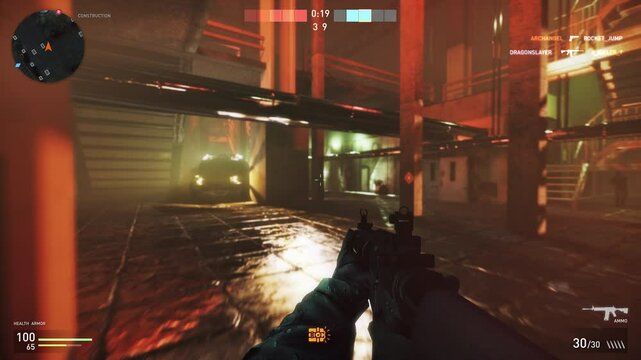 Animation of the playing modern online first-person shooter simulator. Playing the internet shooter video game. Player killing the opponents to defend the area in the shooter game. FPS