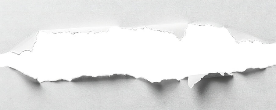 Ragged hole torn horizontally in ripped paper, cut out