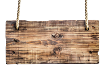 Weathered wooden sign hanging on a rope, cut out