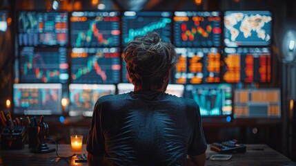 Fototapeta premium Stock trader working in front of multiple screens displaying complex trading graphs and financial data, focusing on market trends