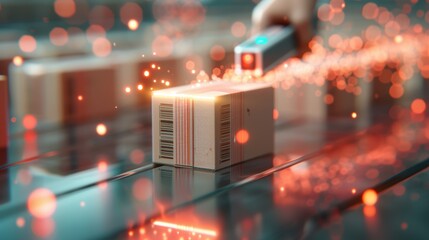 A close-up of barcode labels on shipping boxes, with hands using scanners to streamline inventory management and enhance supply chain efficiency.