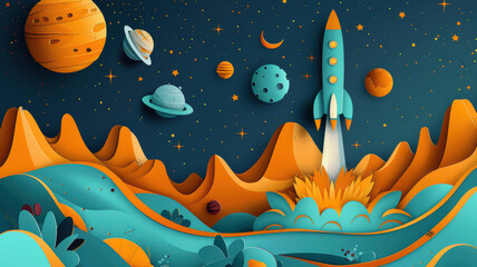 Obraz premium Paper Cut Style Rocket to the Moon
