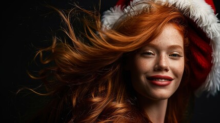 Fototapeta premium Redhead Woman Smiling in Christmas Santa Hat with Flowing Hair Against Dark Background