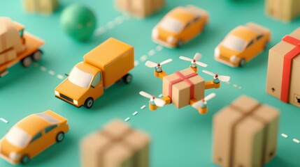 An aerial view of a distribution center where drones are loading packages onto autonomous vehicles, highlighting the integration of technology in supply chain operations.