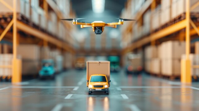 High-tech drones and autonomous trucks working together in a warehouse environment, symbolizing the future of automated supply chain logistics.