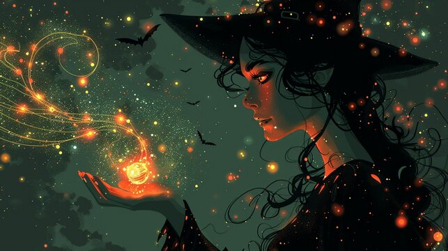 Wicked witch casting a spell with glowing effects and eerie lights perfect for Halloween-themed illustrations and fantasy designs Illustration Flat Color, Clip Art Style , Minimalism,