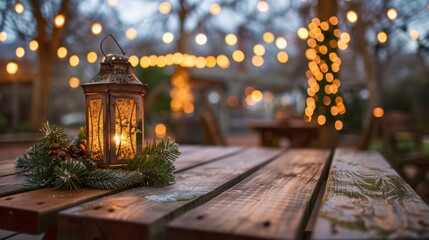 Rustic Lantern on Wooden Table with Festive Holiday Lights in Outdoor Setting