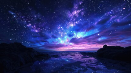 Beautiful fantasy starry night sky, blue and purple colorful, galaxy and aurora 4k wallpaper.