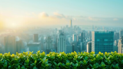 A panoramic view of a modern city skyline with green rooftops and urban farms, illustrating sustainable urban planning and logistics.