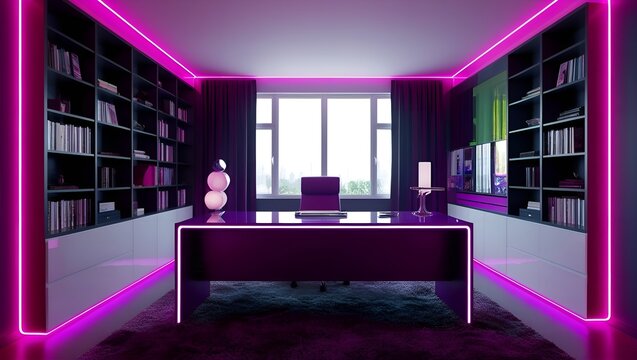 A futuristic home office with neon purple light borders tracing the edges of the desk and bookcases.