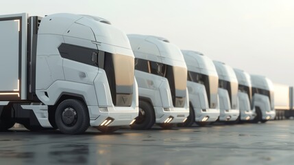 Naklejka premium Futuristic 3D Render of Autonomous Trucks Waiting in Line at a Busy Logistics Hub, Generative Ai