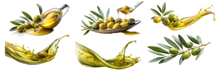 Collection of delicious olive oil in a glass bowl. A dynamic splash of fresh olive oil. Close-up of olives with olive leaves isolated on background. PNG format.