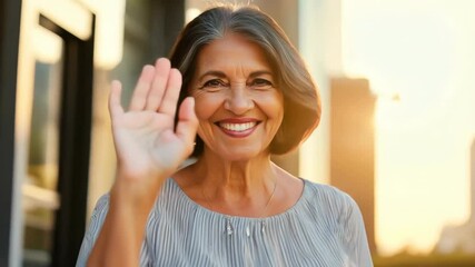 Smiling senior woman waving happily outdoors