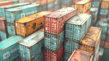 Fototapeta premium Futuristic Shipping Yard with Stacked Cargo Containers - 3D Render Industrial Scene with Containers Piled High, Generative Ai