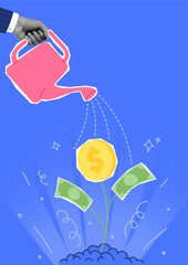 Concept poster of investment or financial growth. Wealth profit growth, earning increase, increase earning profit, capital gain. Vector collage with hand of businessman watering growing money plant. © Yaran