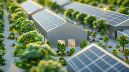 A modern warehouse facility designed with energy-efficient features, including solar panels and LED lighting, showcasing sustainability in supply chain logistics.