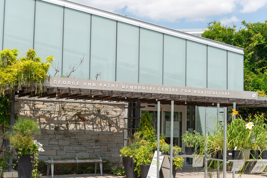 exterior facade and front entrance to The George and Cathy Dembroski centre for Horticulture (known as Arrival Courtyard) at Edwards Gardens in Toronto, Canada (777 Lawrence Avenue East)