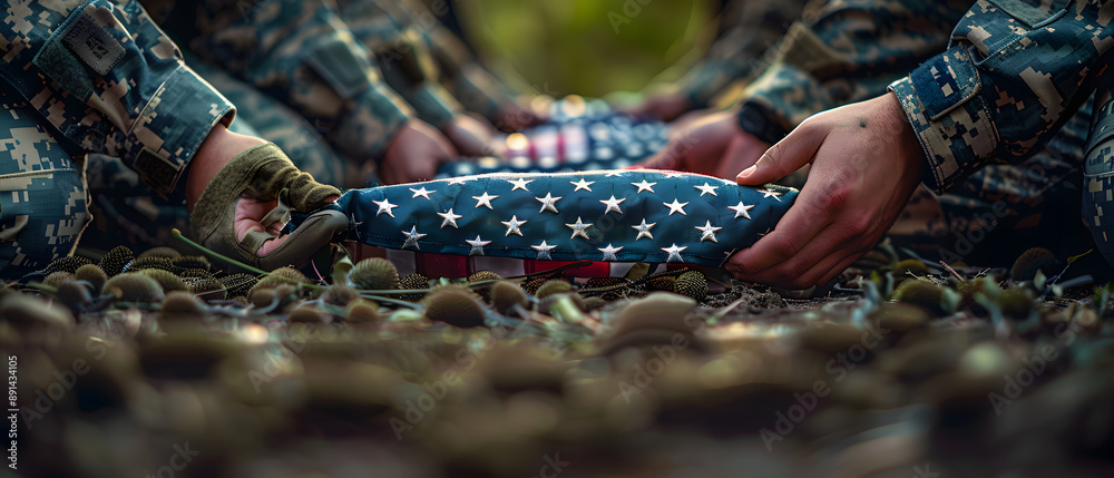 Poster American flag being folded by soldiers at a Memorial Day service captured with a timelapse technique to show the precision and respect in the act symbolizing honor and remembrance