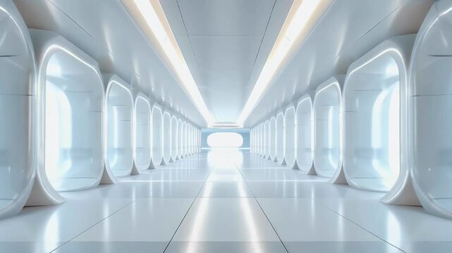 Futuristic empty white corridor with columns and bright