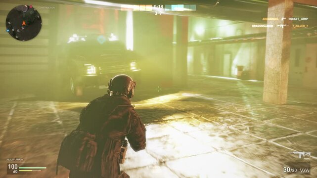 Controlling the character with a weapon in a third person shooter console game. Killing the opponents using a military weapon in a console game. Aiming the weapon at enemies in a modern console game.
