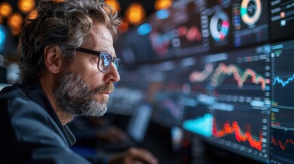Obraz premium A trader discussing market trends, comparing trading graphs on large computer screens in a collaborative environment