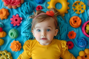 Fototapeta premium Adorable Baby Surrounded by Colorful Toys on a Bright Blue Background