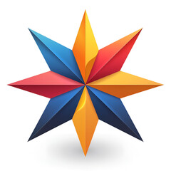 isolated image features a vibrant, geometric star design composed of sharp, angular points. Each segment is rendered in bold, contrasting colors including shades of blue, red, and yellow