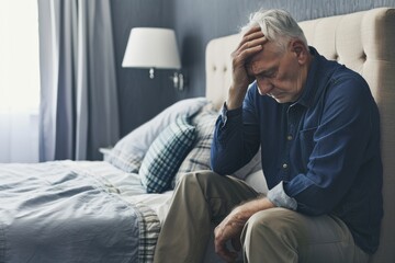 Fototapeta premium An Elderly Man's Melancholy Moment in a Quiet Bedroom