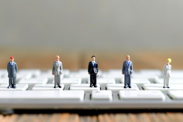 Miniature Business Figures on Keyboard representing the concept of teamwork and business collaboration in a digital workspace.