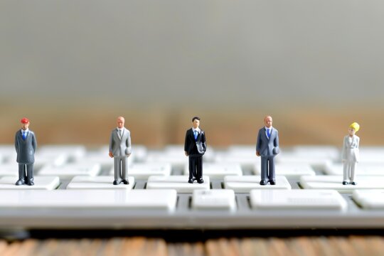 Miniature Business Figures on Keyboard representing the concept of teamwork and business collaboration in a digital workspace.