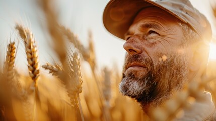 An agriculturist with a hat checks the quality of wheat in a field at dusk, showcasing the thoroughness and care involved in agricultural practices and crop management.
