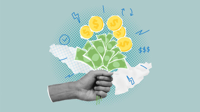 Concept of money prize. Vector illustration. Halftone hand holds bouquet of money flowers. Gift prize, donation, earnings, bonus or cashback concept. Retro poster or banner. Creative trend collage.