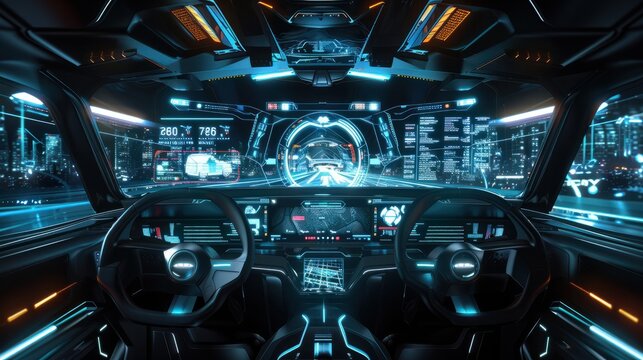 autonomous futuristic car dashboard concept with HUD and hologram screens and infotainment system - Powered by Adobe