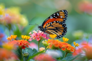 Fototapeta premium A Monarch Butterfly Delicately Perched on Colorful Blossoms in a Vibrant Garden