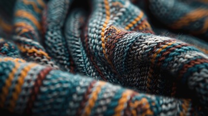 This image captures a warm knitted fabric, showcasing detailed patterns and stripes in various hues, rendering a cozy, inviting atmosphere that brings a sense of warmth and crafted beauty.